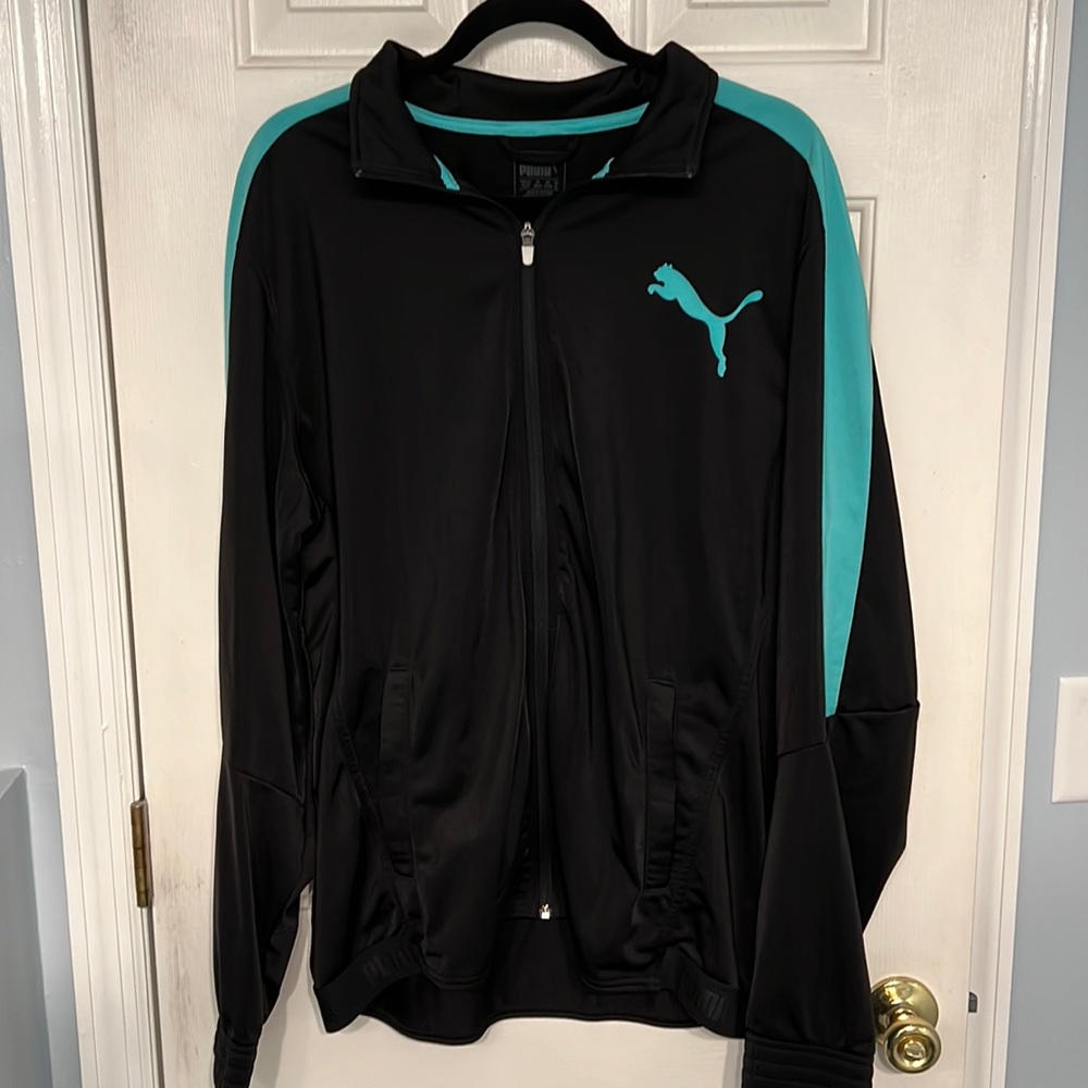 Puma Black Full Zip Up Jacket With Aqua Blue Stripes and Details.